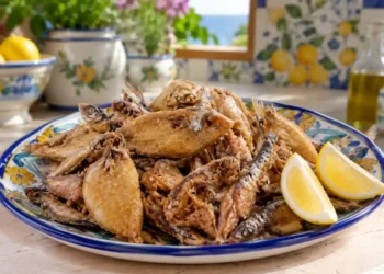 Un vassoio di frittura di paranza dorata e croccante con piccoli pesci, spicchi di limone e fritto asciutto in stile Gambero Rosso.