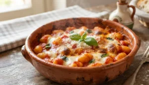 Porzione fumante di gnocchi alla sorrentina con pomodoro, mozzarella filante e basilico servita in una terrina di terracotta