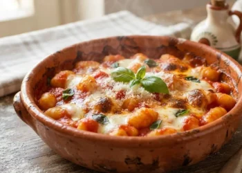Porzione fumante di gnocchi alla sorrentina con pomodoro, mozzarella filante e basilico servita in una terrina di terracotta