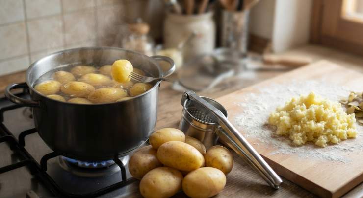 Lessate le patate intere e con la buccia in una capiente pentola d’acqua fredda salata, calcolando circa 30-40 minuti dal bollore, finché risultano tenerissime infilzandole con i rebbi di una forchetta. Sbucciate le patate ancora calde, privandole della buccia protettiva, e schiacciatele immediatamente con uno schiacciapatate direttamente su una spianatoia di legno infarinata.