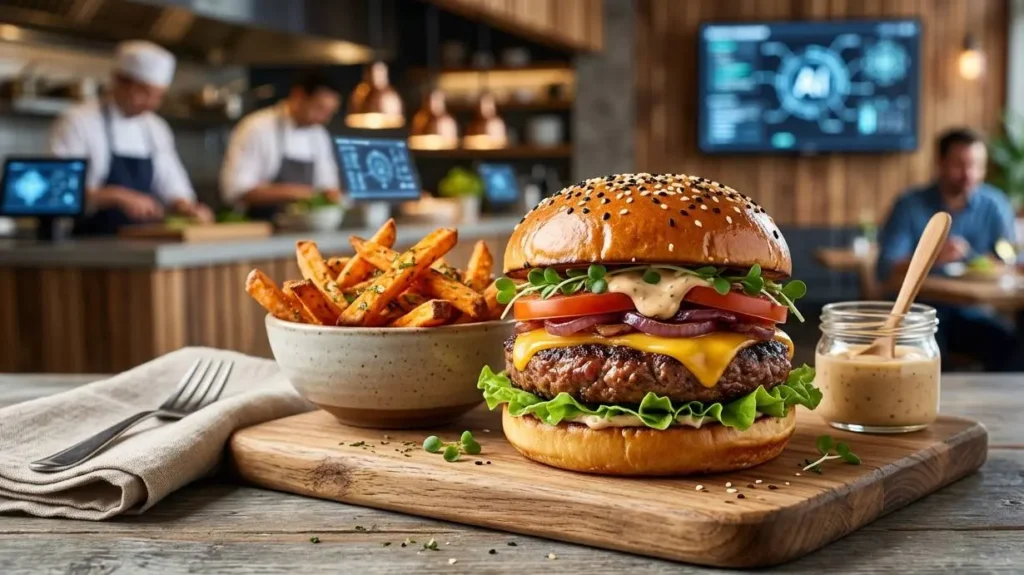 Hamburger perfetto e patatine fritte su un tagliere di legno all'interno di un ristorante tecnologico con schermi AI sullo sfondo.