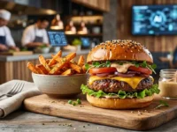 Hamburger perfetto e patatine fritte su un tagliere di legno all'interno di un ristorante tecnologico con schermi AI sullo sfondo.