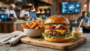 BurgerAI: L'hamburger perfetto creato dall'intelligenza artificiale Hamburger perfetto e patatine fritte su un tagliere di legno all'interno di un ristorante tecnologico con schermi AI sullo sfondo.