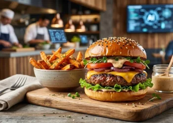 BurgerAI: L'hamburger perfetto creato dall'intelligenza artificiale Hamburger perfetto e patatine fritte su un tagliere di legno all'interno di un ristorante tecnologico con schermi AI sullo sfondo.