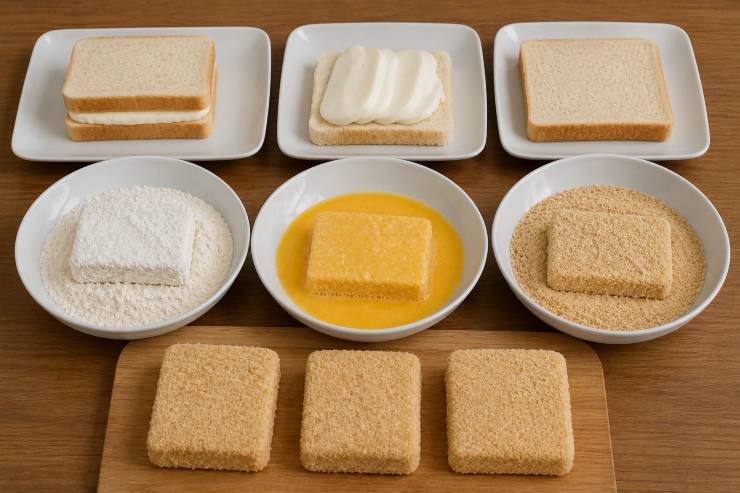 Componete i vostri panini adagiando una fetta di pane in basso, sistemando la mozzarella al centro e chiudendo con un’altra fetta di pane in alto. Ripetete l’operazione per realizzare tutti i pezzi. Passate ogni tramezzino prima nella farina, poi intingetelo nel recipiente con le uova e il latte, e infine rivestitelo uniformemente con il pangrattato, premendo leggermente per farlo aderire bene.