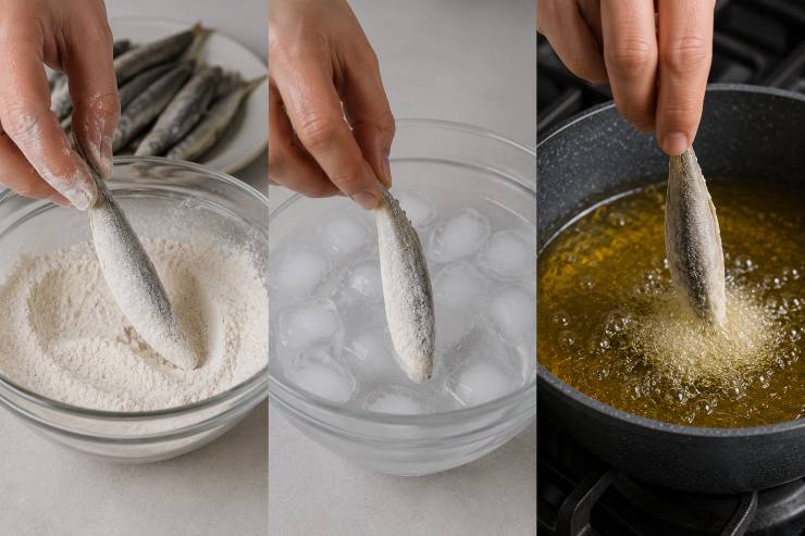 Infarinate velocemente pochi pesci per volta nella miscela di farine, scuotendoli delicatamente per eliminare ogni eccesso. Passate ogni pesce rapidamente nella ciotola con acqua e ghiaccio (un tuffo di un secondo) e tuffatelo immediatamente nell’olio bollente. Il contrasto termico tra il ghiaccio e l’olio caldo creerà una crosticina impermeabile, croccante e asciutta.