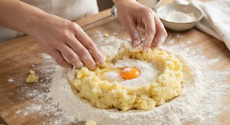 Formate una fontana con la purè di patate ormai tiepida, aggiungete il sale, il tuorlo d’uovo (se desiderato) e metà della farina setacciata al centro. Impastate delicatamente e velocemente con la punta delle dita, evitando di lavorare troppo il panetto per non sviluppare glutine e rendere gli gnocchi duri; incorporate via via la restante farina necessaria fino a ottenere un panetto liscio, morbido ma non appiccicoso.