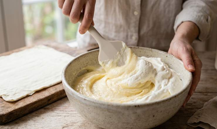 Una volta fredda, montate la panna fresca a neve ben ferma e incorporatela delicatamente alla crema al limone, facendo movimenti dal basso verso l’alto per non smontarla. Componete il dolce: adagiate un rettangolo di sfoglia, distribuite uniformemente la crema, coprite con il secondo rettangolo di sfoglia. Lasciate riposare in frigorifero per almeno 2 ore prima di tagliare a cubotti e servire con una spolverata finale di zucchero a velo.