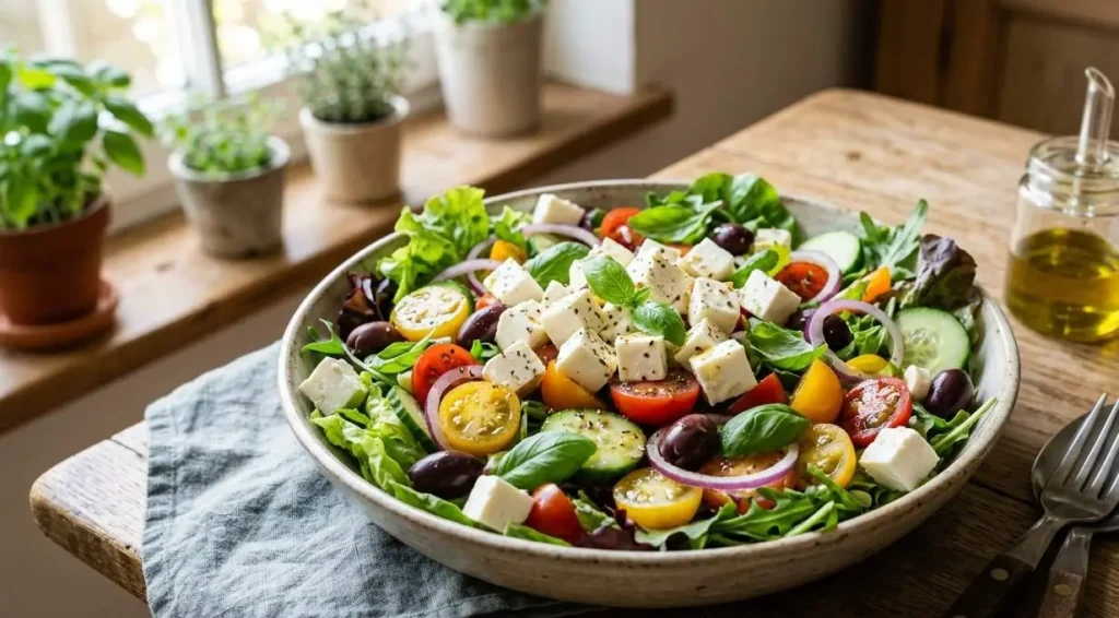 Una ricca insalata con cubetti di feta, pomodorini e olive su un tavolo in legno, ideale per un pranzo leggero.