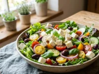 Una ricca insalata con cubetti di feta, pomodorini e olive su un tavolo in legno, ideale per un pranzo leggero.