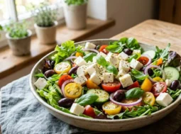 Una ricca insalata con cubetti di feta, pomodorini e olive su un tavolo in legno, ideale per un pranzo leggero.