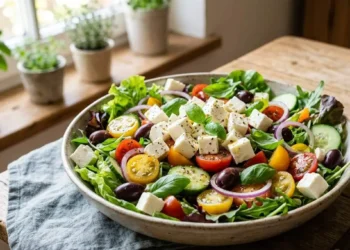 Insalata con feta e pomodorini - Calorie e Dieta Una ricca insalata con cubetti di feta, pomodorini e olive su un tavolo in legno, ideale per un pranzo leggero.