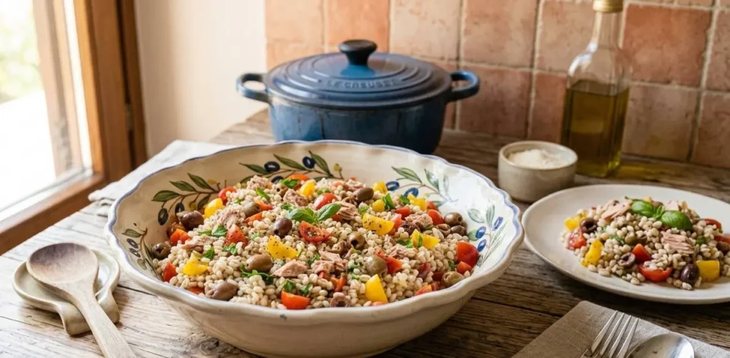 Insalata d'orzo pronta da servire Insalata d'orzo fredda servita in tavola su un tavolo di legno rustico, con una porzione impiattata, posate, olio d'oliva e una pentola in ghisa sullo sfondo.