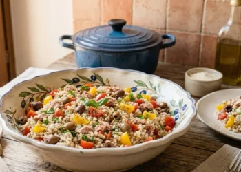 Insalata d'orzo fredda servita in tavola su un tavolo di legno rustico, con una porzione impiattata, posate, olio d'oliva e una pentola in ghisa sullo sfondo.