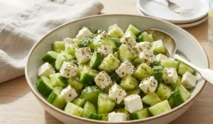 Insalata estiva fresca con cetrioli e feta in una ciotola pronta da servire