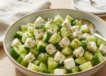 Insalata estiva fresca con cetrioli e feta in una ciotola pronta da servire