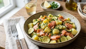 Insalata di patate, zucchine e salmone affumicato Insalata fredda di patate a cubetti, zucchine a rondelle saltate in padella e straccetti di salmone affumicato, servita in una ciotola di ceramica rustica su un tavolo in legno.