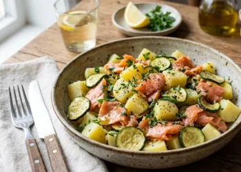 Insalata fredda di patate a cubetti, zucchine a rondelle saltate in padella e straccetti di salmone affumicato, servita in una ciotola di ceramica rustica su un tavolo in legno.