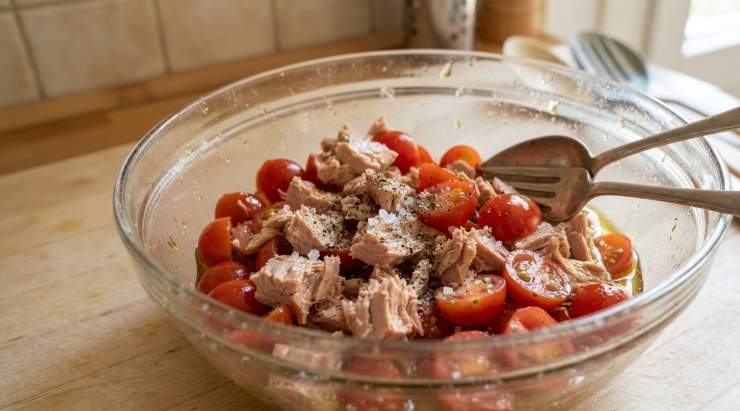 Nel frattempo, lavate i pomodorini, asciugateli con cura e tagliateli a metà o in quarti. Trasferiteli in una ciotola capiente, aggiungete un filo d’olio e un pizzico di sale. Mescolate e lasciate riposare per qualche minuto affinché rilascino il loro delizioso sughetto naturale. Prendete il tonno sott’olio, scolate l’olio in eccesso (oppure lasciatelo se si tratta di un prodotto artigianale di altissima qualità) e unitelo ai pomodorini nella ciotola. Sminuzzate grossolanamente il pesce con l’aiuto di una forchetta.