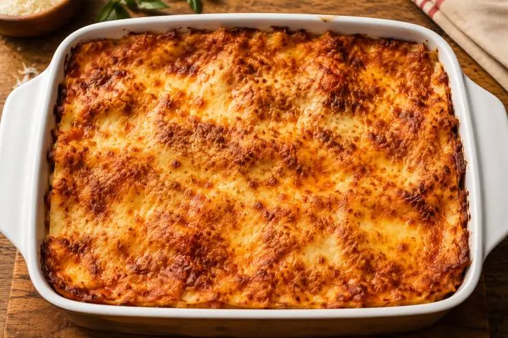Completate il tutto con una generosa spolverata di Parmigiano Reggiano sull’ultimo strato e infornate in forno già caldo a 160 °C per circa 50 minuti. Sfornate e lasciate riposare circa dieci minuti prima di servire.