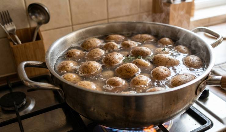 Prendete una pentola capiente, riempitela con abbondante acqua salata e immergetevi le patate intere. Portate a ebollizione e lasciate cuocere per circa 25 minuti (verificate la cottura infilzandole con una forchetta). Una volta pronte, scolatele, lasciatele raffreddare completamente, pelatele con cura e tagliatele a cubetti di medie dimensioni.