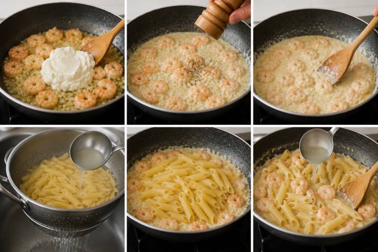 Trascorsi i primi 5 minuti di cottura dei gamberetti, unite il formaggio fresco cremoso direttamente in padella. Regolate di sale e pepe nero a vostro piacimento. Mescolate accuratamente a fuoco bassissimo fino a quando il formaggio non si sarà completamente fuso, creando una crema liscia. Scolate la pasta al dente avendo cura di conservare un po’ della sua acqua di cottura. Trasferite le pennette direttamente nella padella con il condimento. Saltate il tutto a fuoco vivo per un paio di minuti, unendo un mestolo di acqua di cottura per legare perfettamente la crema alla pasta.