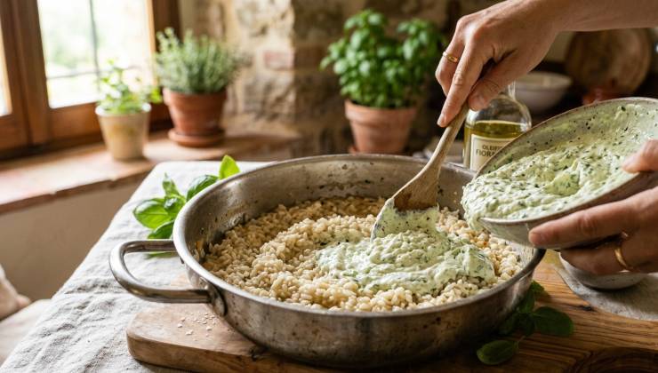 Quando il riso sarà cotto al dente e ben mantecato, spegnete il fuoco. Versate immediatamente nella pentola la crema di ricotta e basilico che avete preparato all’inizio. Amalgamate con cura tutto il composto. Completate la mantecatura unendo ancora un po’ di parmigiano grattugiato. Se desiderate gustarlo freddo (la scelta ideale per l’estate), lasciate riposare il risotto a temperatura ambiente per qualche minuto e poi trasferitelo in frigorifero fino al momento di servirlo. Impiattate decorando con qualche foglia di basilico fresco sminuzzata al momento.