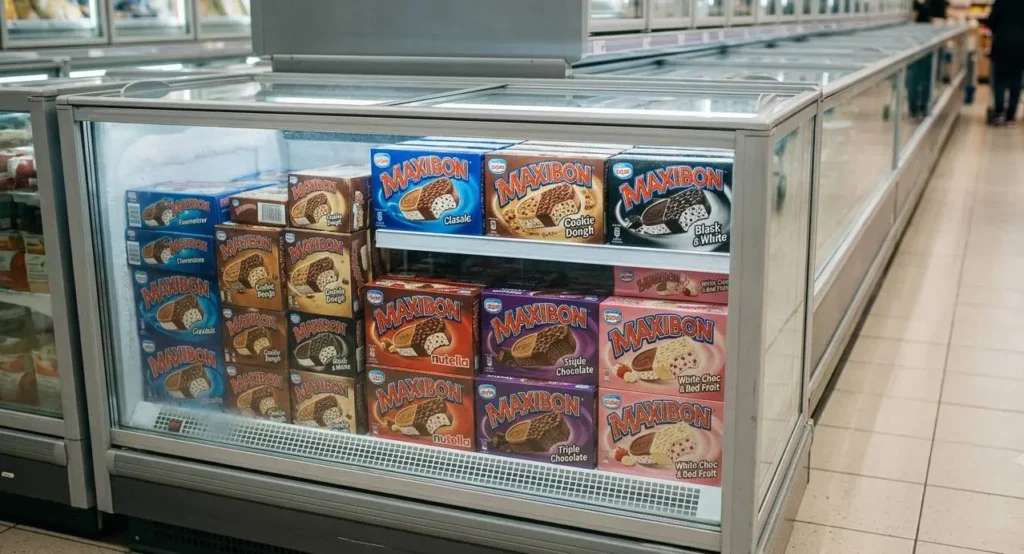 Confezioni di vari gusti di gelato Maxibon esposte nel banco surgelati di un supermercato.