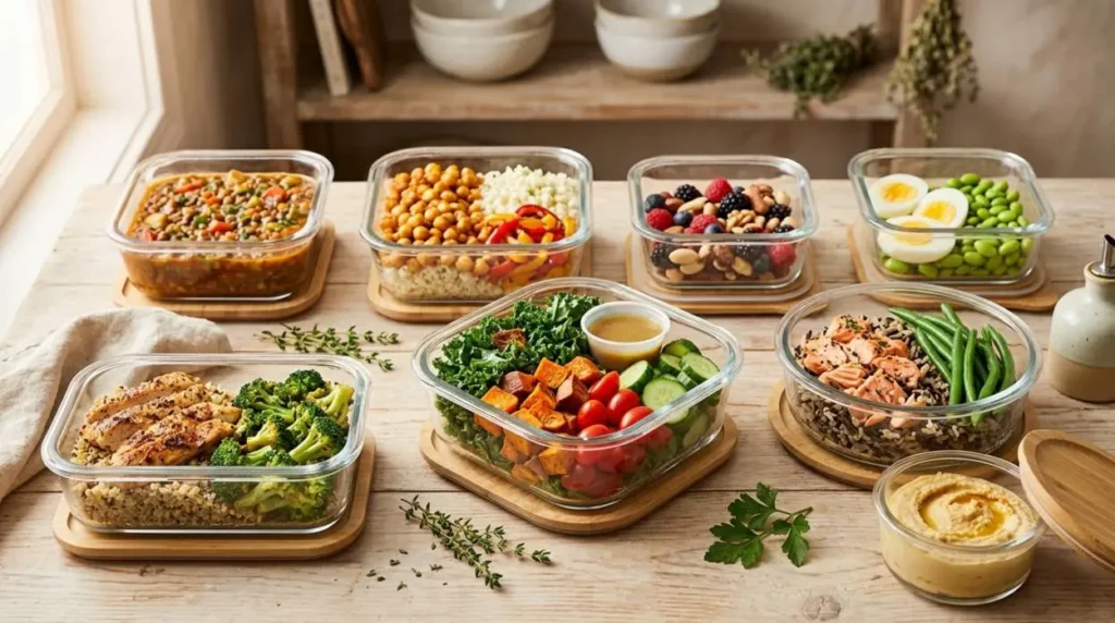 Meal prep settimanale - Ricette.com Contenitori in vetro ermetici per il meal prep settimanale con ingredienti sani e bilanciati disposti su un tavolo in legno.