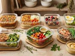 Meal prep settimanale - Ricette.com Contenitori in vetro ermetici per il meal prep settimanale con ingredienti sani e bilanciati disposti su un tavolo in legno.