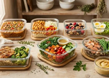 Meal prep settimanale - Ricette.com Contenitori in vetro ermetici per il meal prep settimanale con ingredienti sani e bilanciati disposti su un tavolo in legno.