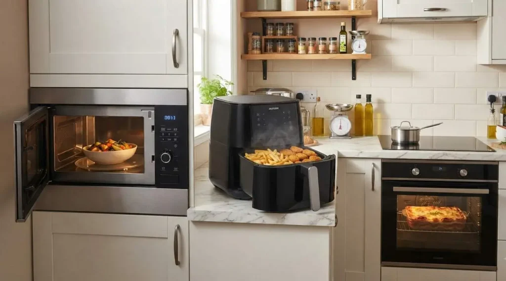 Elettrodomestici a confronto: microonde, forno e friggitrice ad aria Confronto visivo tra forno tradizionale, forno a microonde e friggitrice ad aria posizionati in una moderna cucina