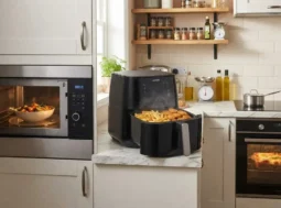 Confronto visivo tra forno tradizionale, forno a microonde e friggitrice ad aria posizionati in una moderna cucina
