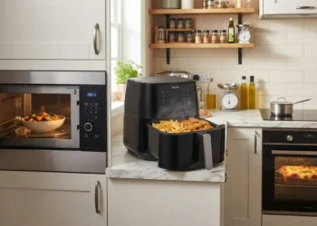 Elettrodomestici a confronto: microonde, forno e friggitrice ad aria Confronto visivo tra forno tradizionale, forno a microonde e friggitrice ad aria posizionati in una moderna cucina