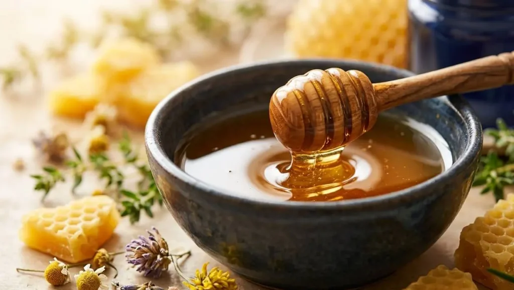Miele sulla pelle e rimedi naturali anti-age Miele millefiori biologico in una ciotola con spargimiele e fiori di camomilla per la cura naturale della pelle
