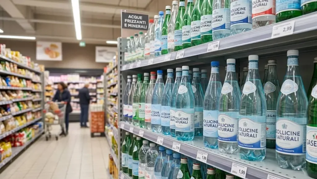 Scaffale del supermercato con diverse bottiglie di acqua frizzante in offerta