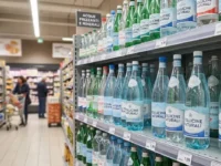 Scaffale del supermercato con diverse bottiglie di acqua frizzante in offerta