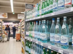 Classifica Migliore Acqua Frizzante 2026 Scaffale del supermercato con diverse bottiglie di acqua frizzante in offerta