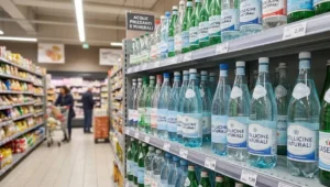 Scaffale del supermercato con diverse bottiglie di acqua frizzante in offerta