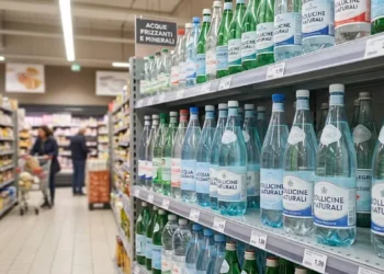 Classifica Migliore Acqua Frizzante 2026 Scaffale del supermercato con diverse bottiglie di acqua frizzante in offerta