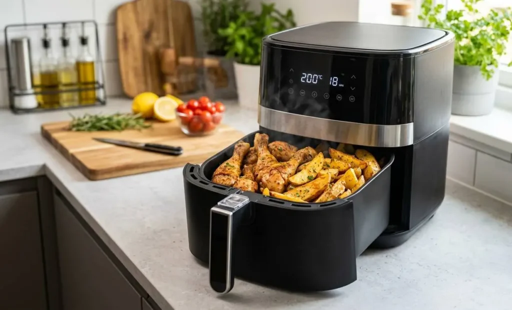 Friggitrice ad Aria Extra Large in Cucina Friggitrice ad aria XXL nera sul bancone della cucina con cestello aperto pieno di cosce di pollo e patate dorate.