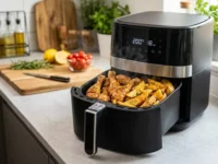 Friggitrice ad aria XXL nera sul bancone della cucina con cestello aperto pieno di cosce di pollo e patate dorate.