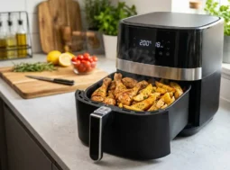 Friggitrice ad Aria Extra Large in Cucina Friggitrice ad aria XXL nera sul bancone della cucina con cestello aperto pieno di cosce di pollo e patate dorate.