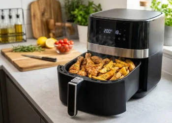 Friggitrice ad Aria Extra Large in Cucina Friggitrice ad aria XXL nera sul bancone della cucina con cestello aperto pieno di cosce di pollo e patate dorate.