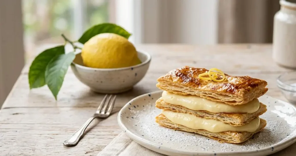 Nuvoletta al limone, strati di pasta sfoglia friabile farciti con crema vellutata al limone su un piatto rustico