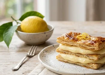 Nuvoletta al limone, strati di pasta sfoglia friabile farciti con crema vellutata al limone su un piatto rustico