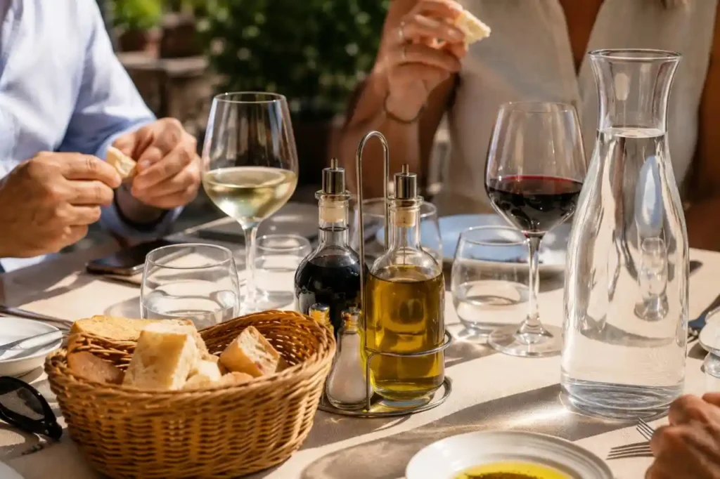 oliera-illegale-ristorante-rischi-salute Oliera in vetro trasparente con beccuccio di metallo su un tavolo al sole di un ristorante
