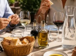 oliera-illegale-ristorante-rischi-salute Oliera in vetro trasparente con beccuccio di metallo su un tavolo al sole di un ristorante