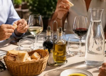 oliera-illegale-ristorante-rischi-salute Oliera in vetro trasparente con beccuccio di metallo su un tavolo al sole di un ristorante