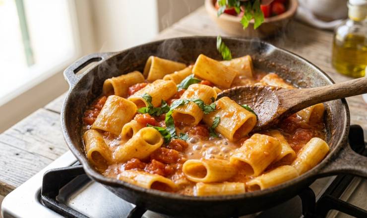 Tuffate i paccheri nell’acqua bollente. Scolateli molto al dente, avendo cura di conservare un bicchiere della loro acqua di cottura, e trasferiteli direttamente nella padella con il sugo di pomodoro. Saltate la pasta a fiamma vivace per un paio di minuti, unendo un goccio di acqua di cottura se necessario. L’amido rilasciato dai paccheri si legherà all’olio e al pomodoro, creando un’emulsione naturalmente cremosa.